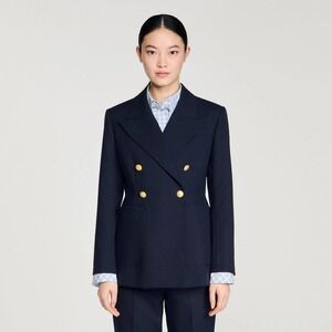 Sandro Blazer Lesia Double Breasted Fr 34 / US 2  Navy Gold Button MSRP $645